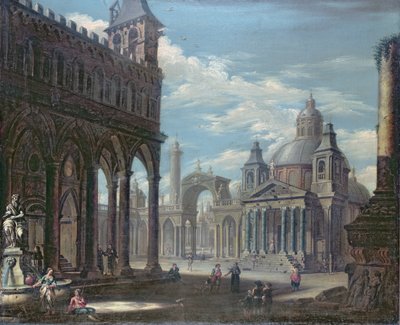 Capriccio of a piazza with Gothic, Roman and Baroque buildings by English School